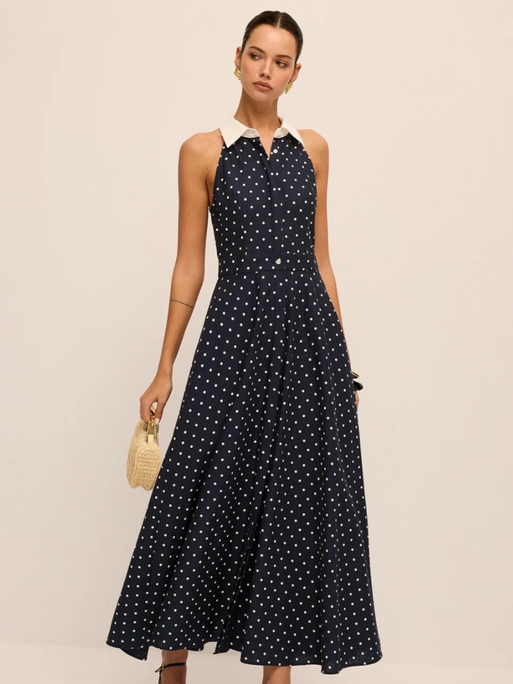 Commense Navy and White Polka Dot Halter Maxi Dress